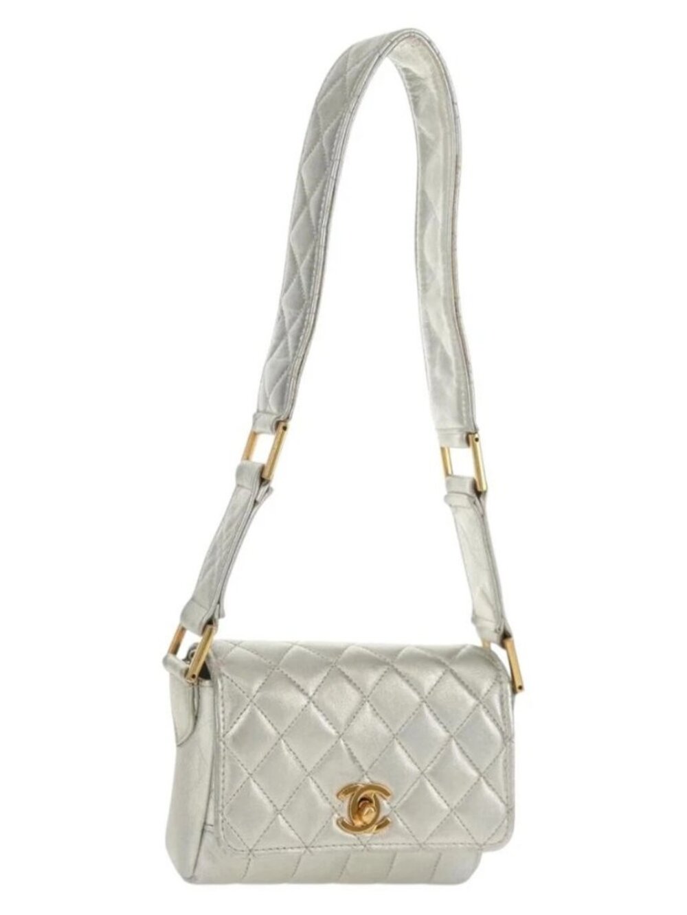 CHANEL Matelasse Shoulder Bag Leather Silver Gold CC Auth 152450SAV